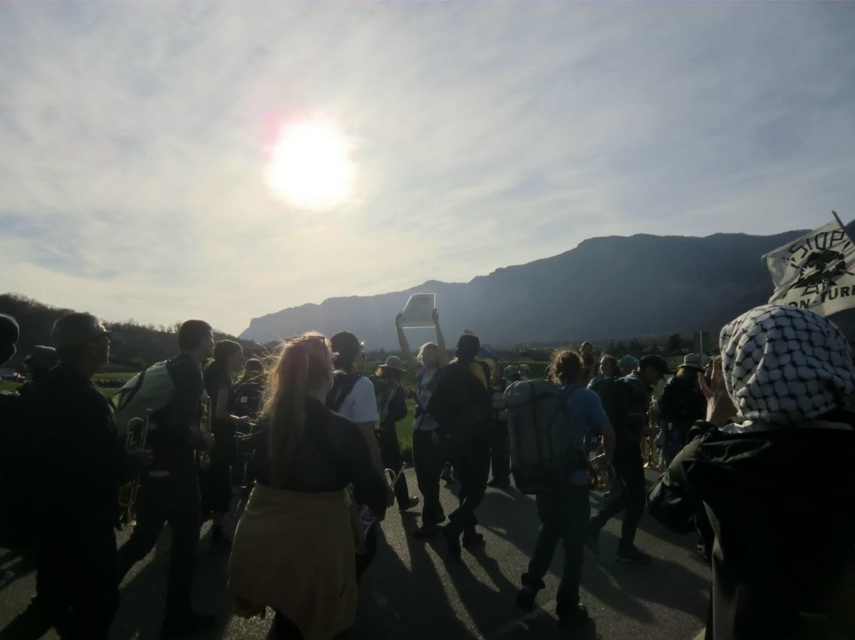 Grenoble, March 2025. Activists hold up a protest sign while the sun is setting behind the mountains